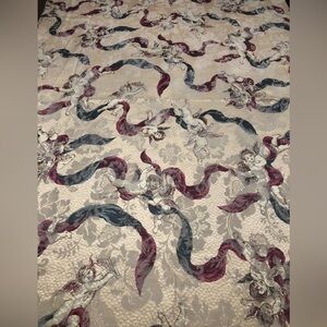 Cherub Jacquard Ribbon Print Oval Tablecloth & 4 Napkins Cream, Burgundy & Slate